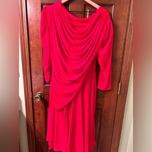 MR.JAY 80s VTG vibrant Red draped long sleeve dress. Size 14. - Picture 1 of 9